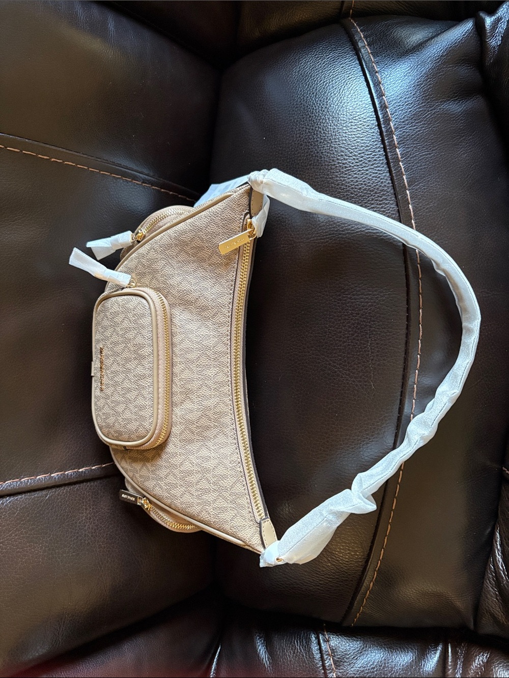 Michael Kors Cream Signature Crescent Mini Shoulder Bag
